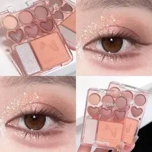 Heart-shaped 8-color eyeshadow tray with blush highlight matte, glitter, high-gloss effect - pink, berry, brown, tone