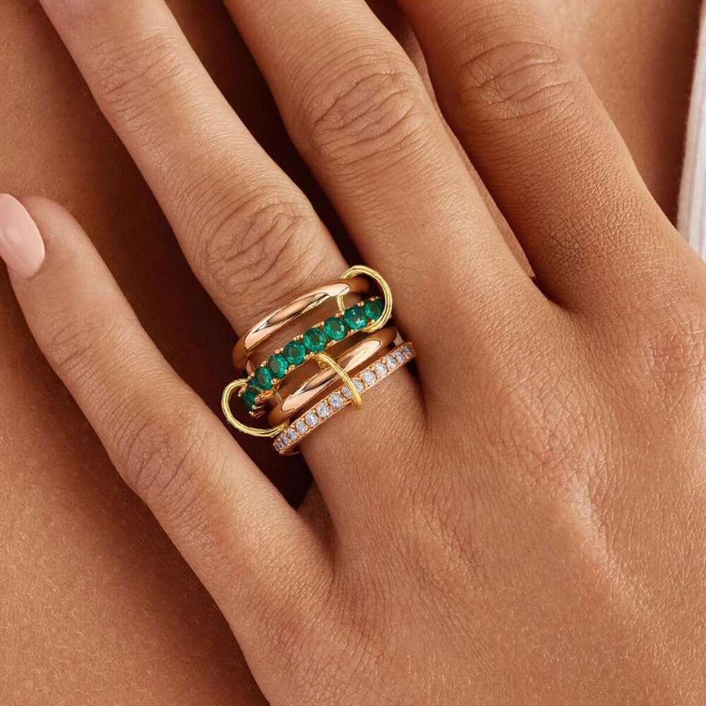 Hot Selling Rose Gold Color Four Inlaid with Green Diamond Zircon Stacking Rings Trendy Fashion Jewelry Chain