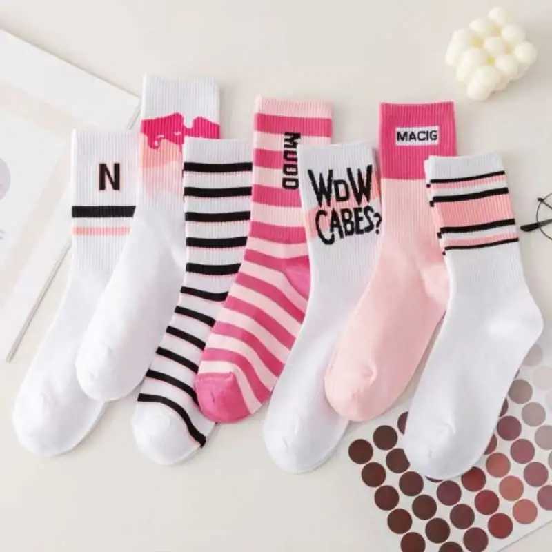 Women Sports Socks Pink Preppy Y2K Funny Socks Girls Striped Socks White Funny Socks With Print Harajuku 4 Pair T250602
