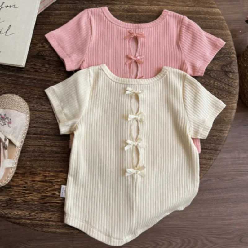 2-10Y Girls Summer Shirt Hollow Bow New Knitted Short Sleeve Versatile Sweet and Cute Simple Top Round Neck Childrens T-shirt T250603