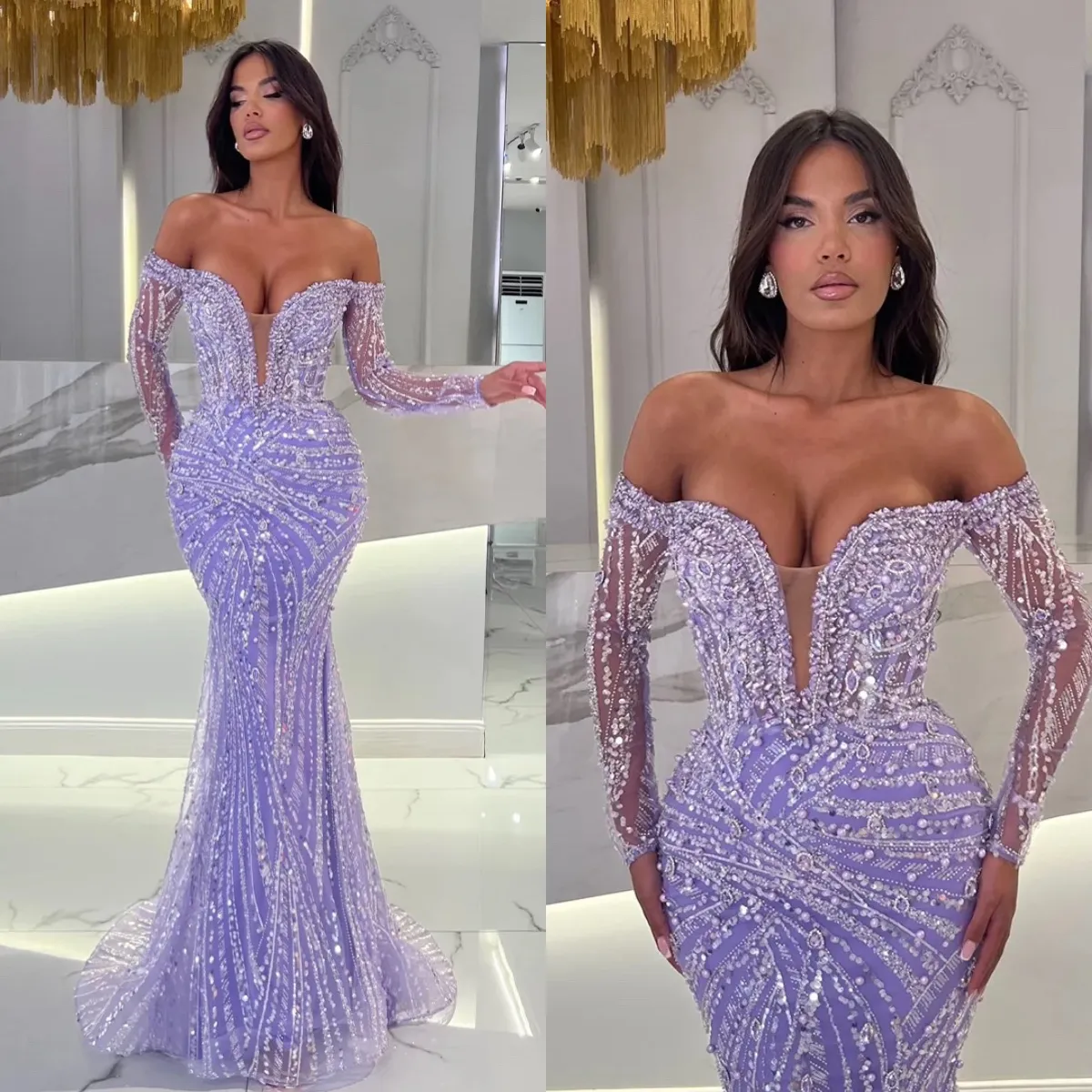 Sexy Crystal Mermaid Prom Dresses Off The Shoulder Sequined Lace Party Dresses Floor Length Customized Evening Dress