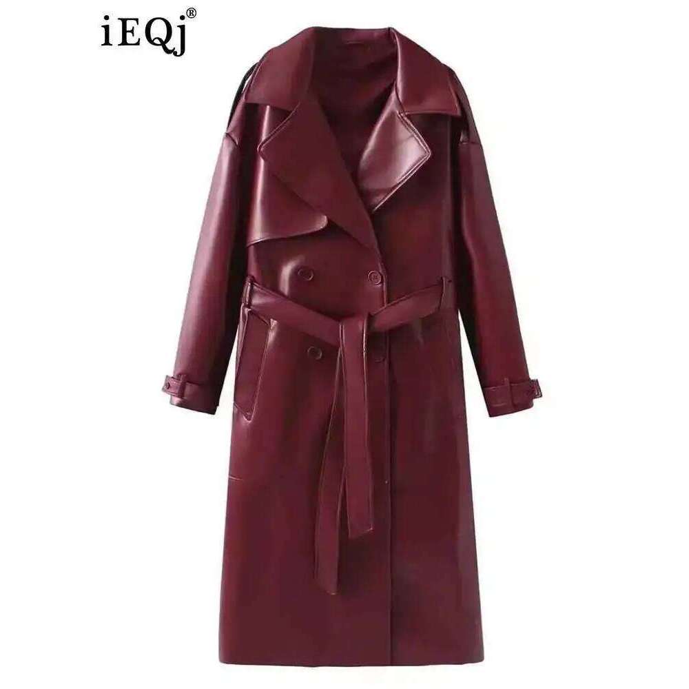 IEQJ Fashion Women's Pu Leather Trench Coat Lapel Long Sleeve Belt Solid Color Casual Windbreaker 2025 Autumn New Jacket WM2463