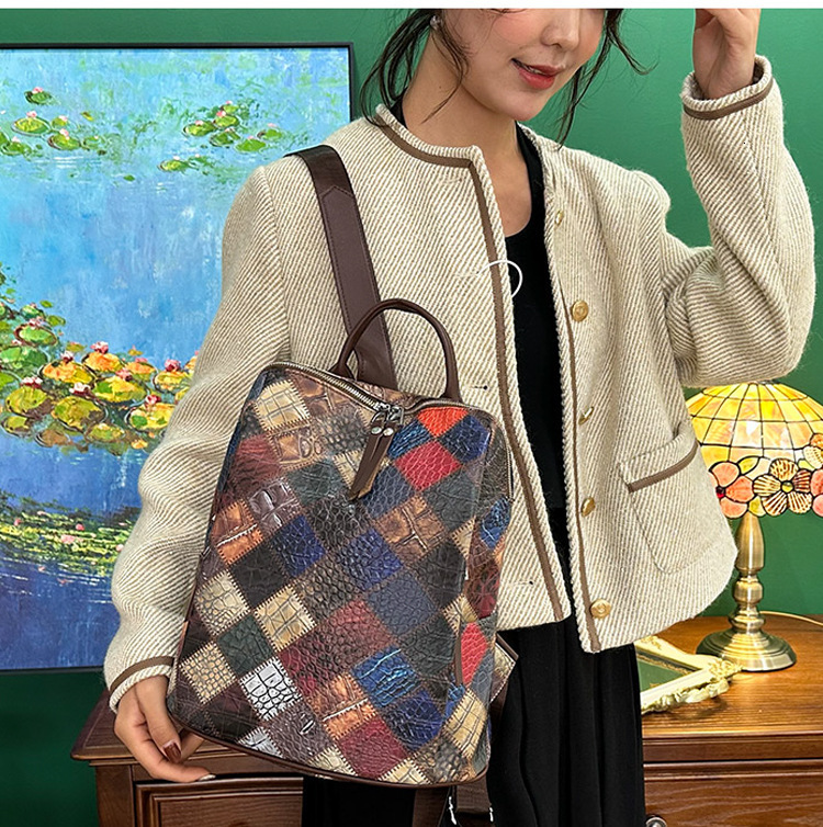 Free Shipping Colorful Backpack Versatile Trendy Designer Bag Outdoors Quilted Travel Backpack Patchwork Cowhide Trendy Snake Skin Pattern Women'