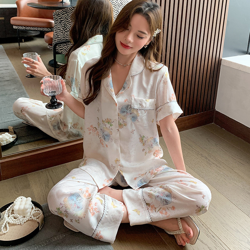 B463-Pajamas women summer ice silk jacquard printed pajamas loose comfortable casual ladies large size national style home clothes suit