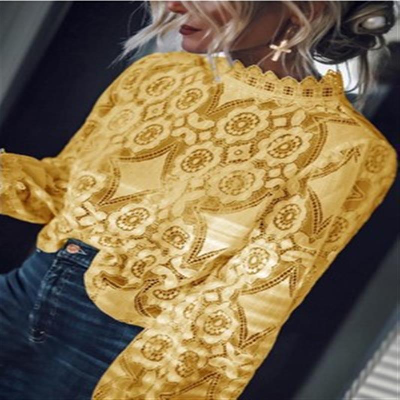 women's wear 2020 Women's Spring Summer New Sexy Sheer Long Sleeve Stand Collar Lace Top