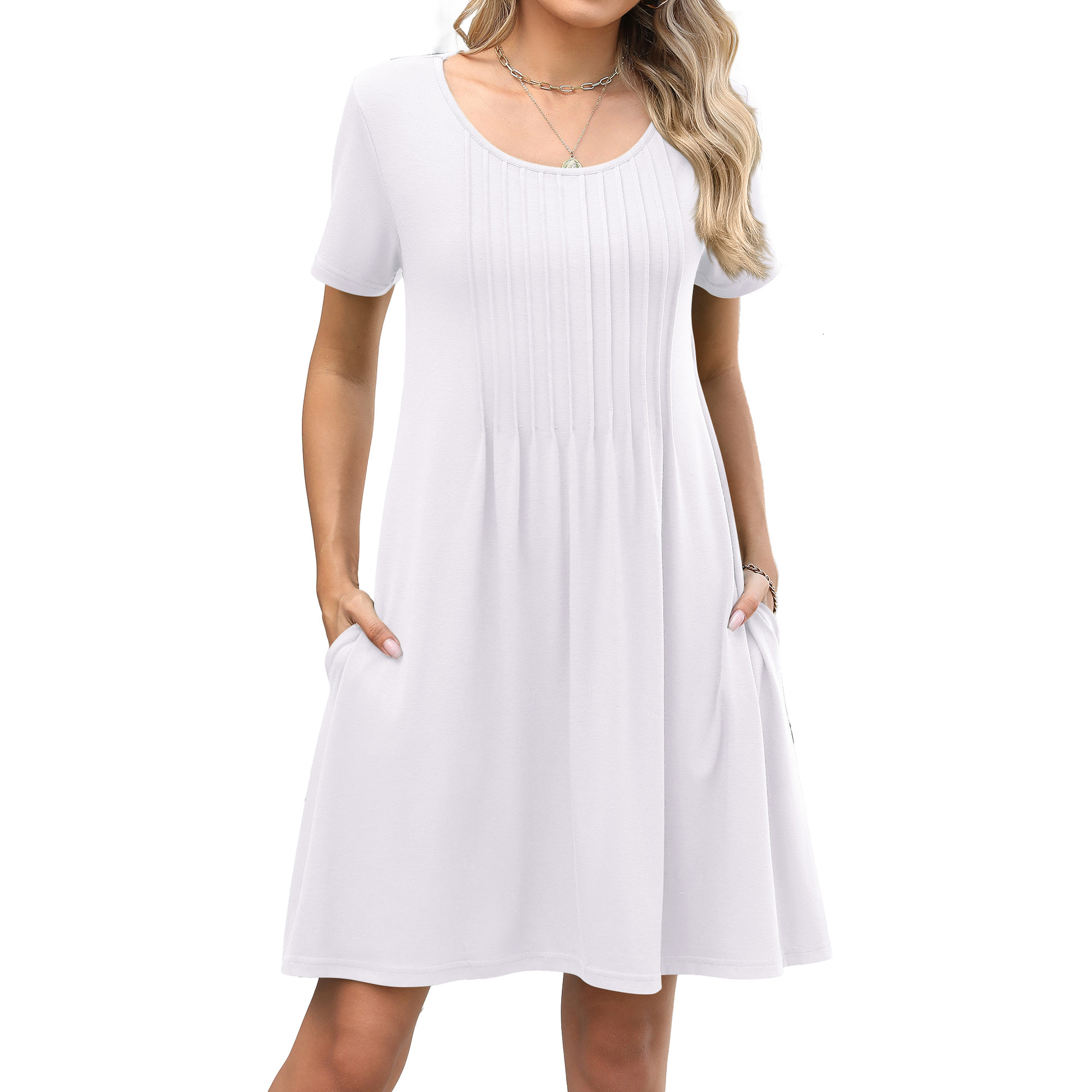 Luxury Designer Clothing Europe And America 2025 Summer New Item Solid Color Round Neck Striped Loose Short Sleeved Pocket Dress Designer Dress