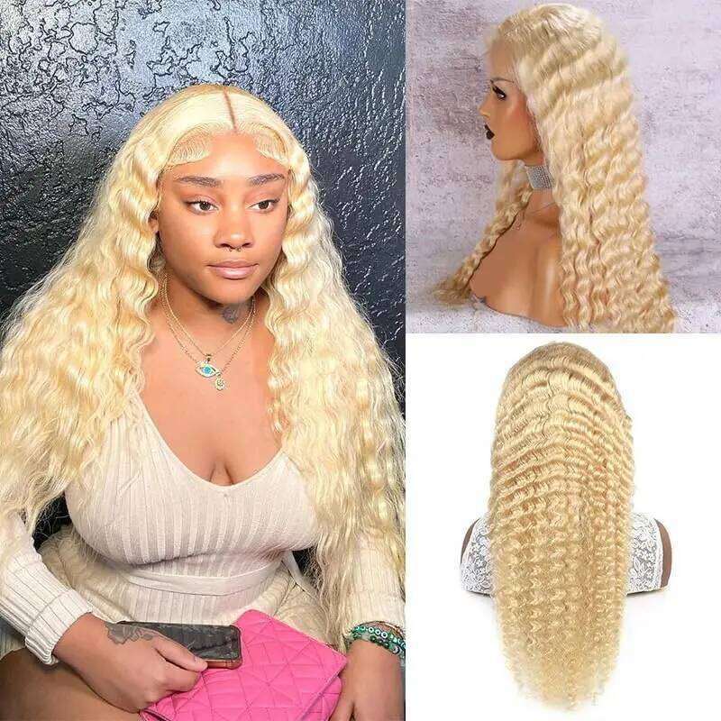 613 Blonde 13x6 Deep Wave Front Wigs Human Hair 180 Density HD Lace Frontal Wig Pre Plucked