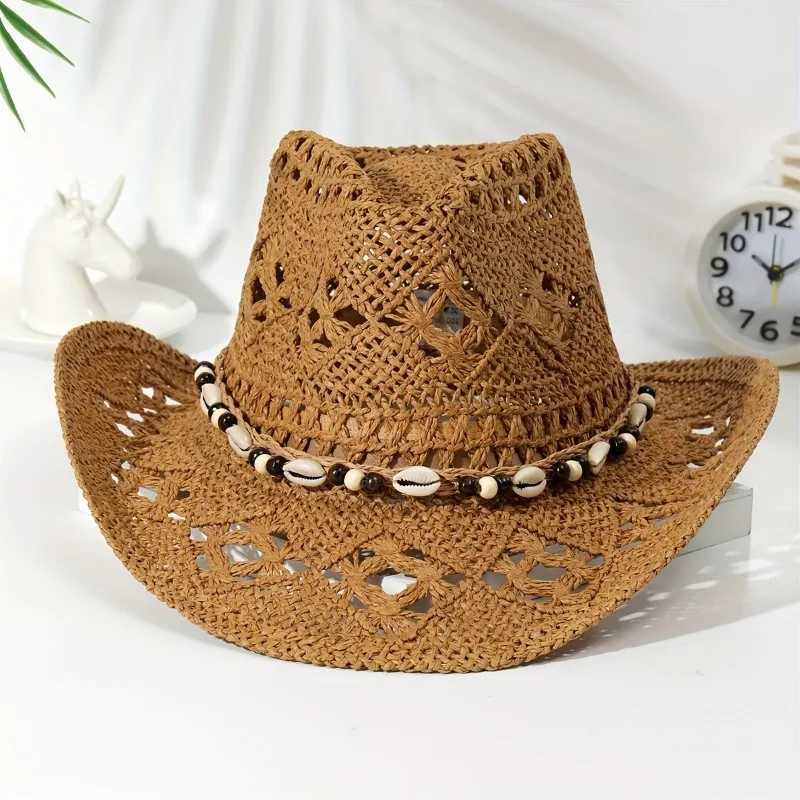 Summer with Shell Beach Hat Women Western Cowboy Hat Wide Brim Sunscreen Sun Hats for Outdoor Breathable Hand-Woven Straw Panama W250602
