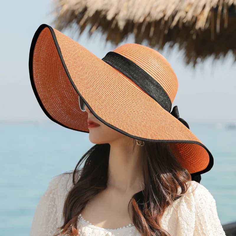 INS Handmade Weave Bow Sun Hats for Women 2023 Black Ribbon Large Brim Straw Hat Outdoor Beach Summer Caps Gorras Hombre W250602