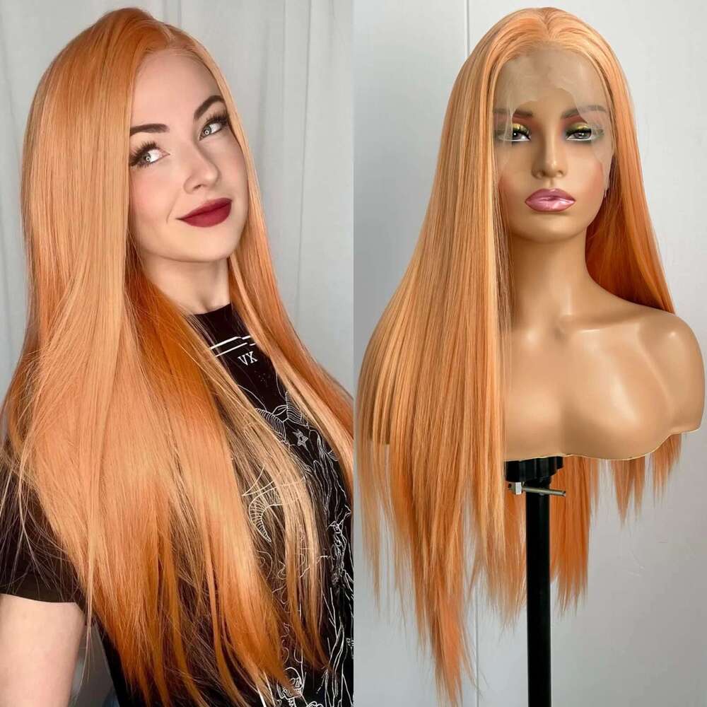 Light Orange Long Silky Straight Synthetic Lace Front Wig Free Part Ginger Colored Heat Resistant Fiber Wigs for Women Daily