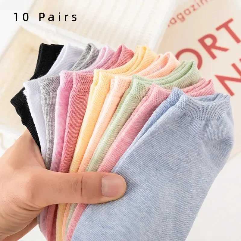 10 Pairs of Colored Cotton WOMENS Short Socks Ankle Breathable Mesh Sports Socks Casual Sports Summer Thin Socks Solid Color T250602