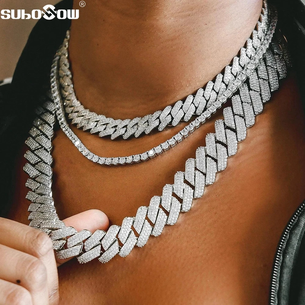 Hip Hop Men Iced Out Chain Prong Rhombus Cuban Link Necklace 14/20MM width Gold Silver Color Thick Cuban Chain Necklace Jewelry 250530