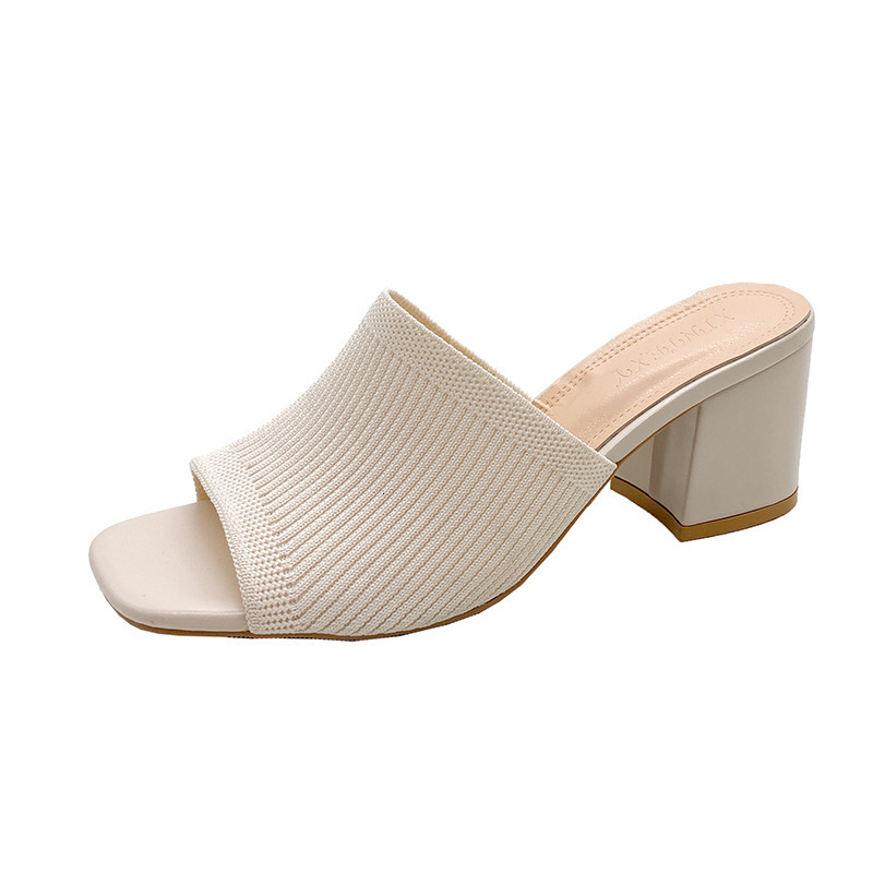 designer 2025 European and American New Fashion Women's Shoes Fashion One-Strap Thick Heel Knitted Wool High Heel Square Toe Sandals