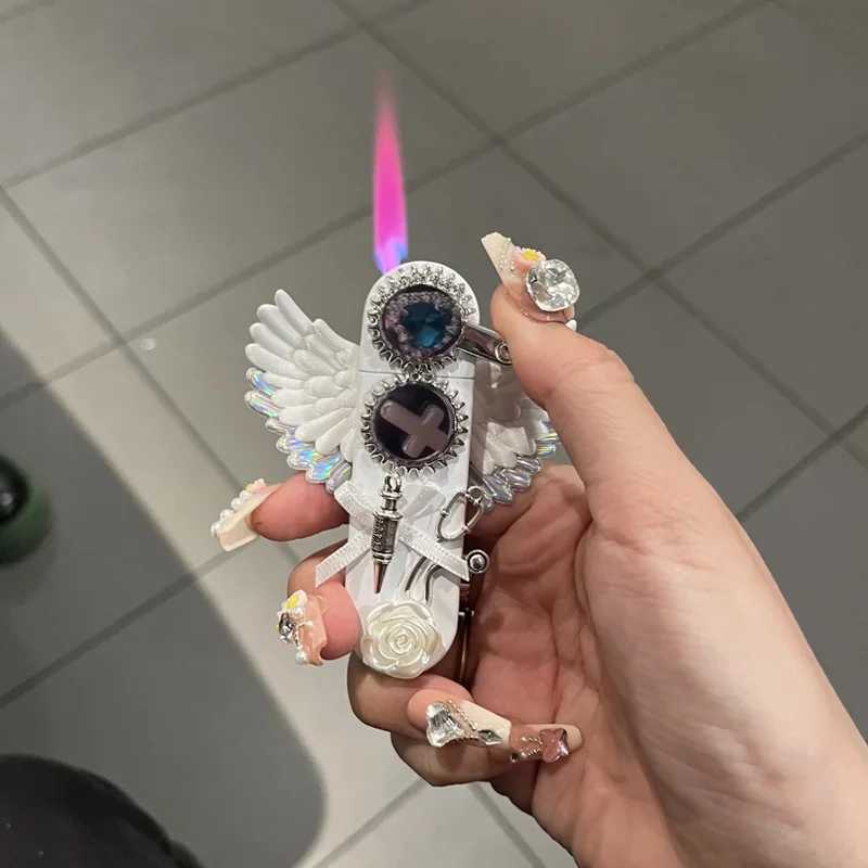 New Angel Wings Pure White Iatable Lighter Windproof Jet Flame Holy Flame Lighter Cigarette Accessories Girl GiftC250603