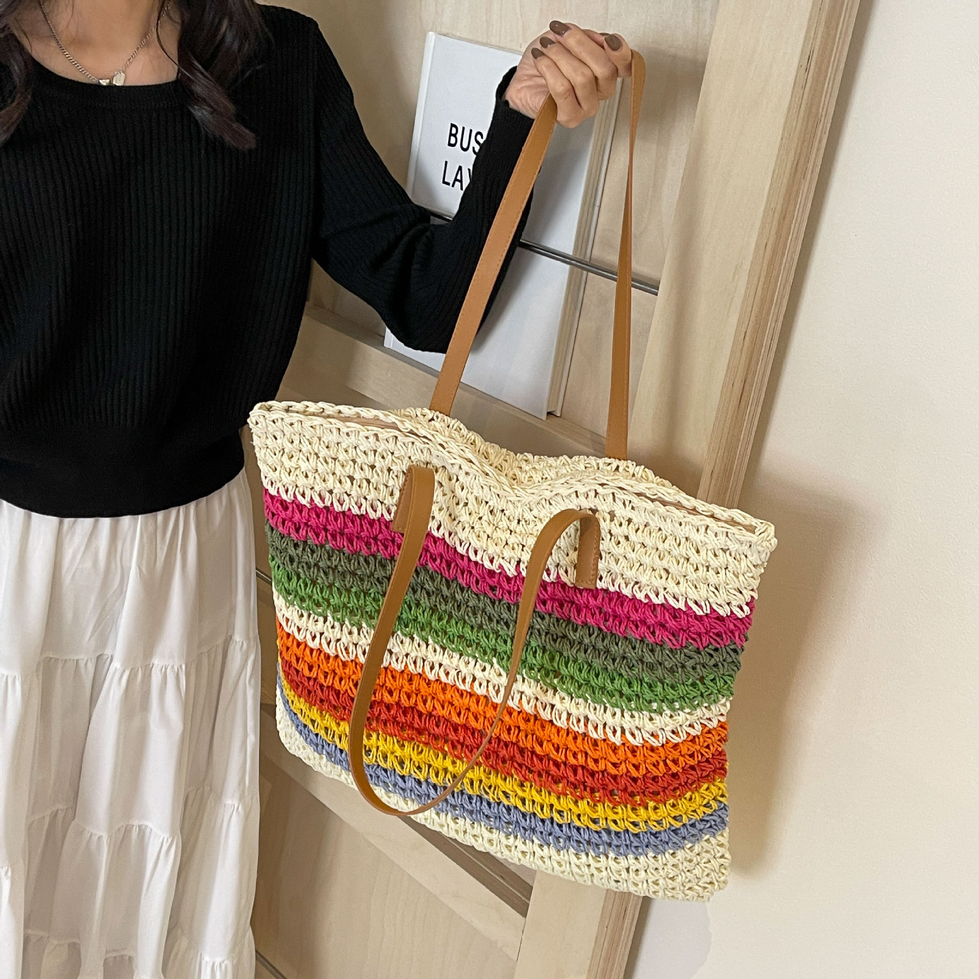 designer Rainbow Striped Straw Bag for Women 2025 New Forest Style Handwoven Beach Bag Seaside Vacation Shoulder Tote Bag
