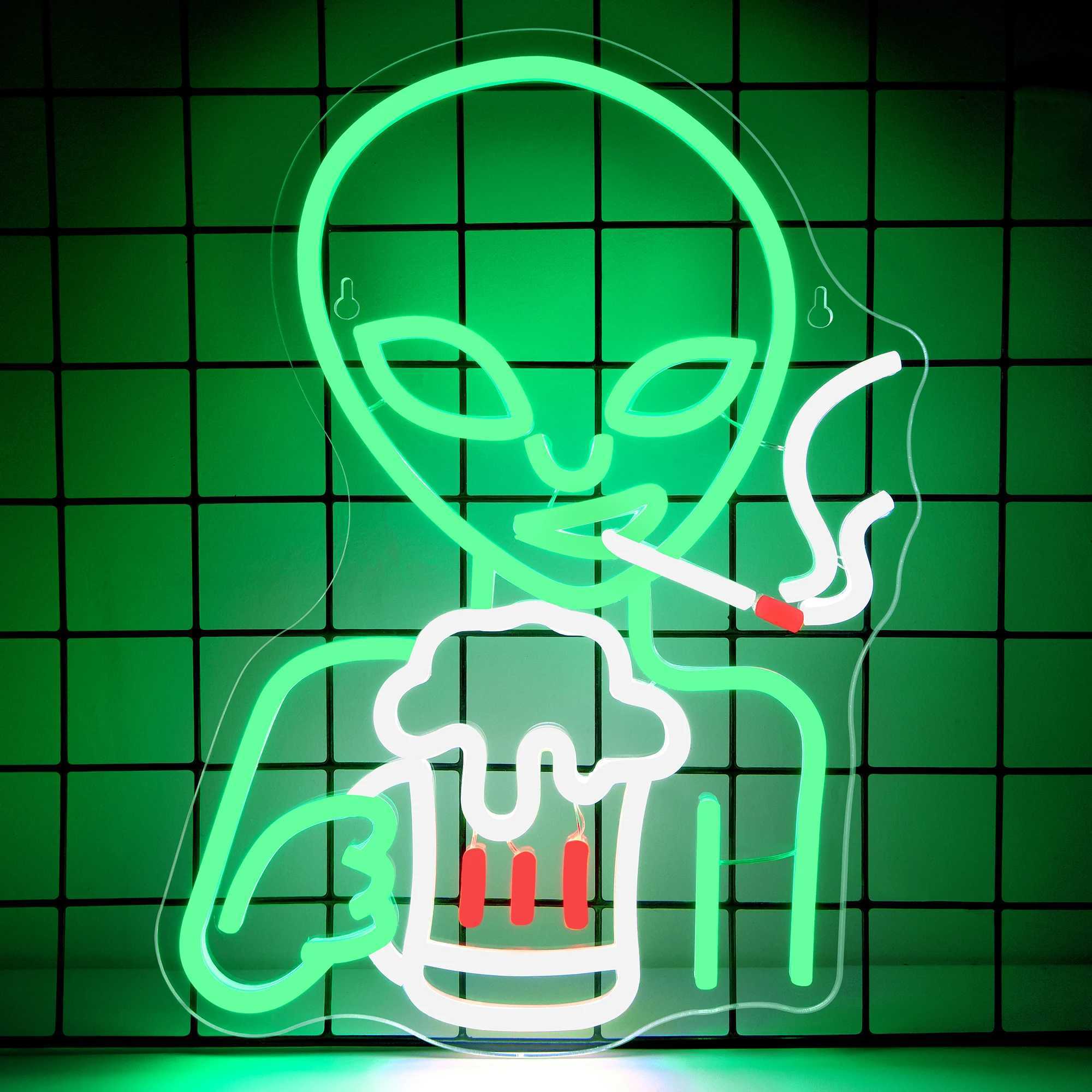 Alien Neon Sign Green LED Light for Wall Decor Man Cave Bar Pub Shop Game Room HalloweenXJ250602