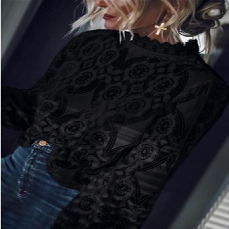 women's wear 2020 Women's Spring Summer New Sexy Sheer Long Sleeve Stand Collar Lace Top