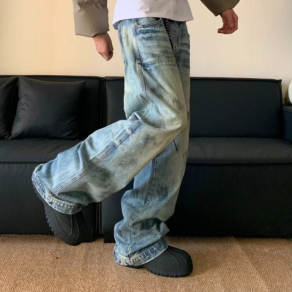 Y2K Splash Ink Jeans Men Baggy Wide Leg Jeans American High Street Washed Stretch Soft Straight Denim Cargo Pants Trousers 250603