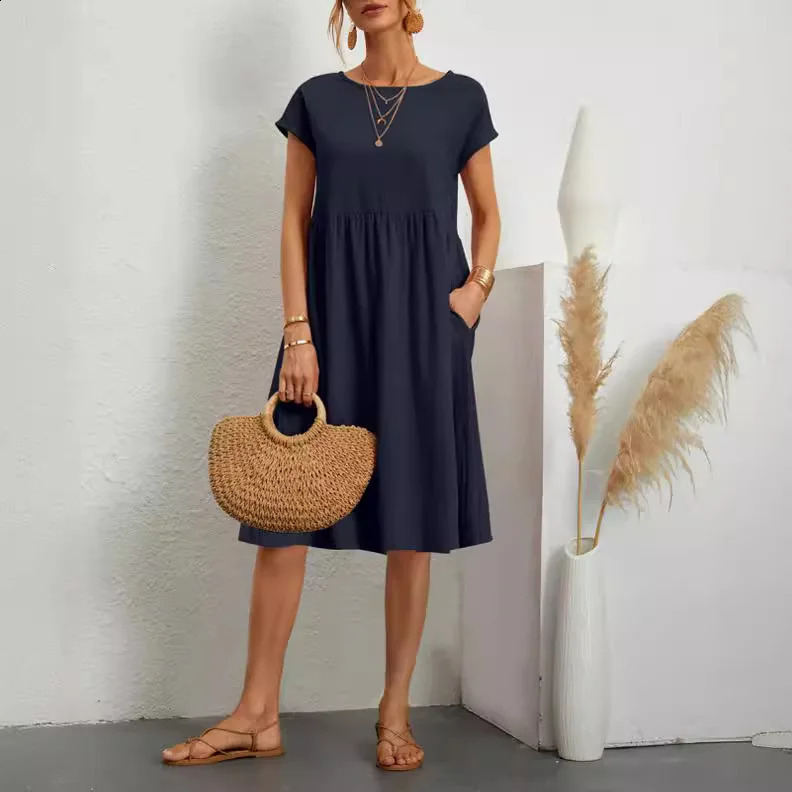 Cotton Linen Dress For Women Summer Casual Splicing Pocket Dresses Vestido Fashion Female Clothing Short Sleeve Loose Midi Dress 250529