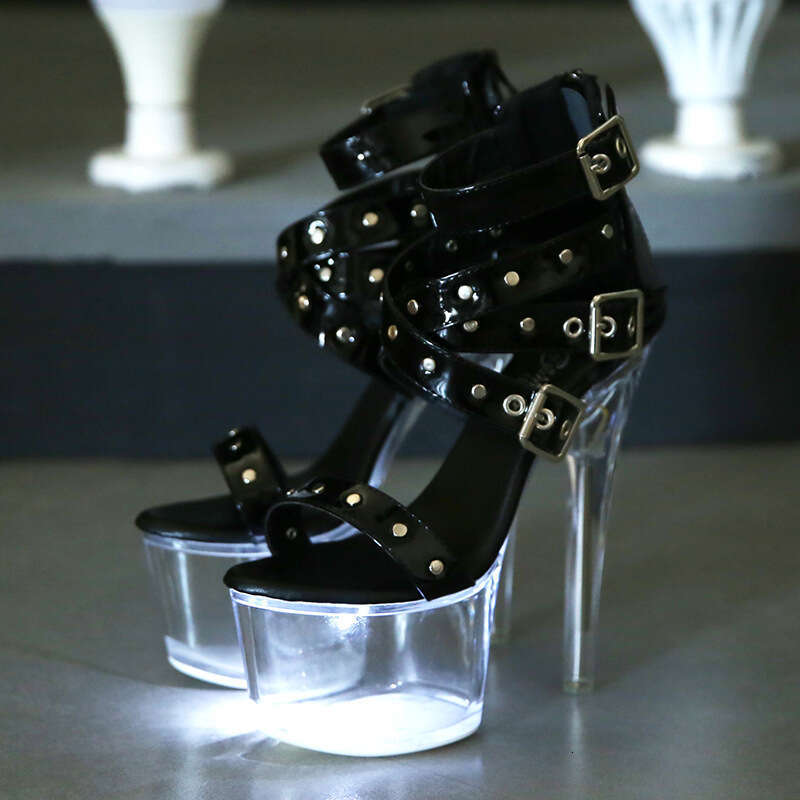 Super High Heels Rivet Zipper Roman Sandals Transparent Glowing 17Cm Stiletto Summer Waterproof Platform Super High Heels Platform High Heels