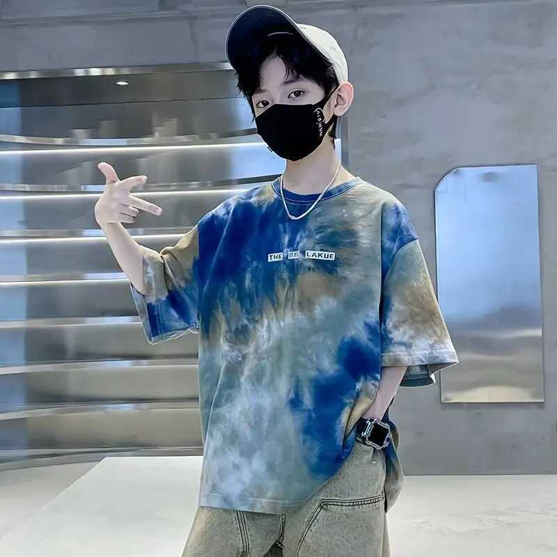 Summer Large Size Streetwear Kids Clothes Boys Girls Personality Camouflage Tie Dye T Shirt Tops Childrens O-neck Short Sleeve T250603