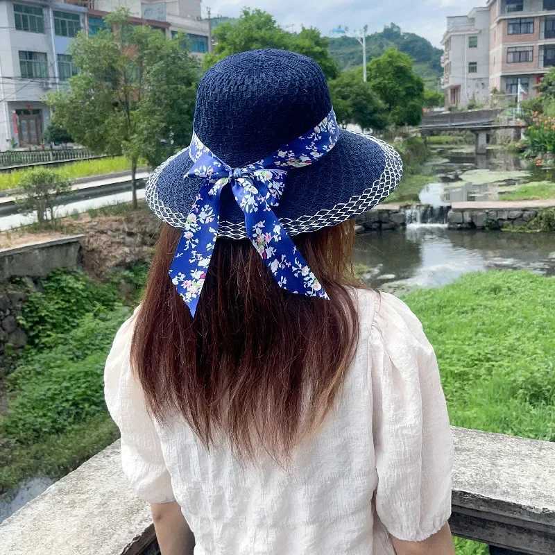 Woman Elegant Floral Bowknot Ribbon Sun Hats Vintage Straw Hats Summer Travel Sun Protection Wide Brims Hats Apparel Accessories W250602