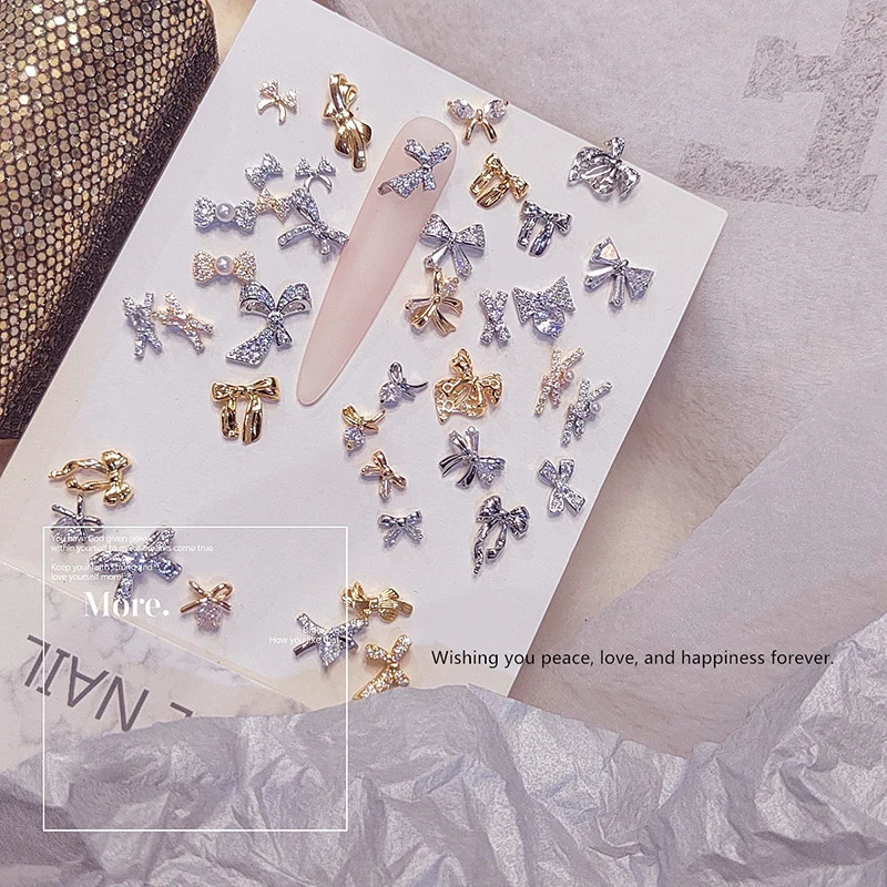 10 PCS Korean-style small bow-tie mini copper-inlaid zirconia super shiny alloy nail decoration accessories 250528