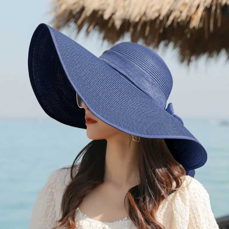 INS Handmade Weave Bow Sun Hats for Women 2023 Black Ribbon Large Brim Straw Hat Outdoor Beach Summer Caps Gorras Hombre W250602