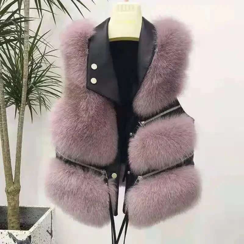 2025 Faux Vest Coat Women's Lapel Sleeveless Buckle Slim PU Leather Outerwear High Street Plush Fur Piece Jack