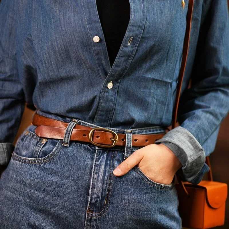 Retro Narrow Genuine Leather Womens Belt Pure Copper Button Western Cowboy Style Versatile Jeans Belt Fashion Luxury Women Belt XJ250602