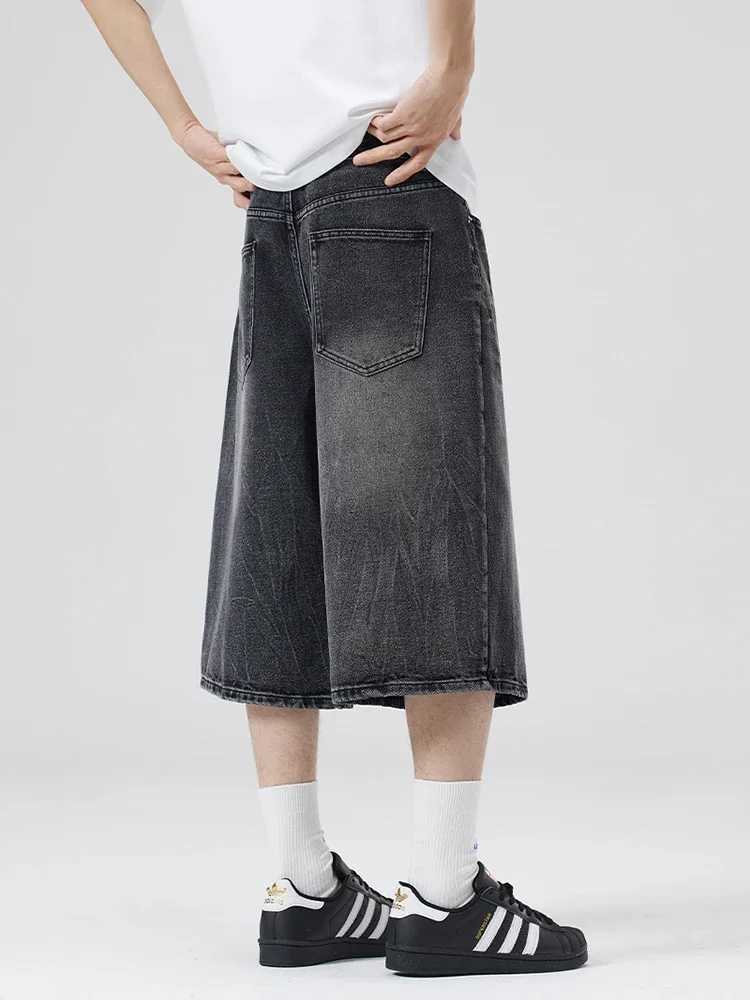 New Summer Oversized Wide Shorts Men Lightning Cracked Loose Y2k Jeans Washed Streetwear Trendy Baggy Calf-length Denim Pants T250603