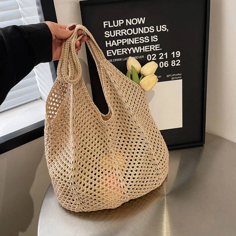 2025 New Women's Knitted Shoulder Bag Large Capacity Knitted Underarm Bag Solid Crochet Hook Handbag Designer Summer Mesh Beach Bag