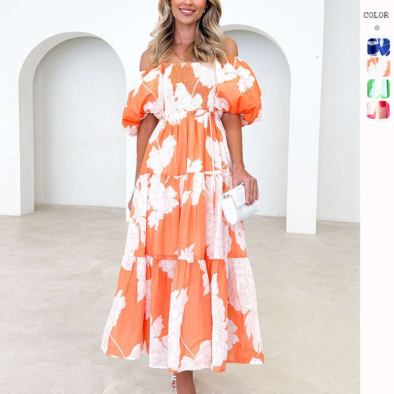 Spring/Summer Elegant Floral Off-Shoulder Puff Sleeve Fashion Dress B5