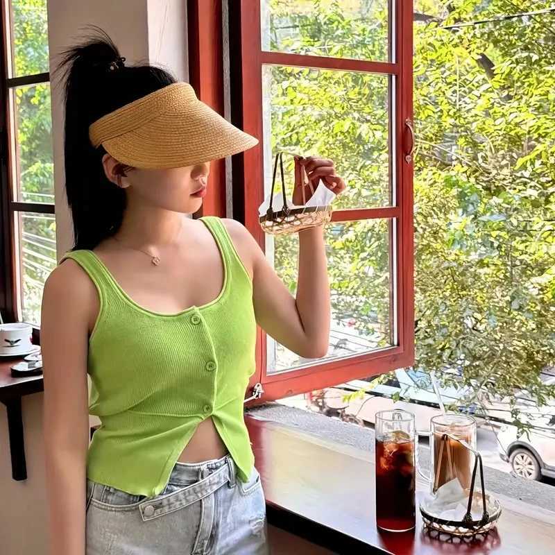 Women Summer Straw Visor Hat Breathable Wide Brim Sun Cap Golf Beach Foldable Duck Tongue Design with Neck Protection Sun Hat W250602