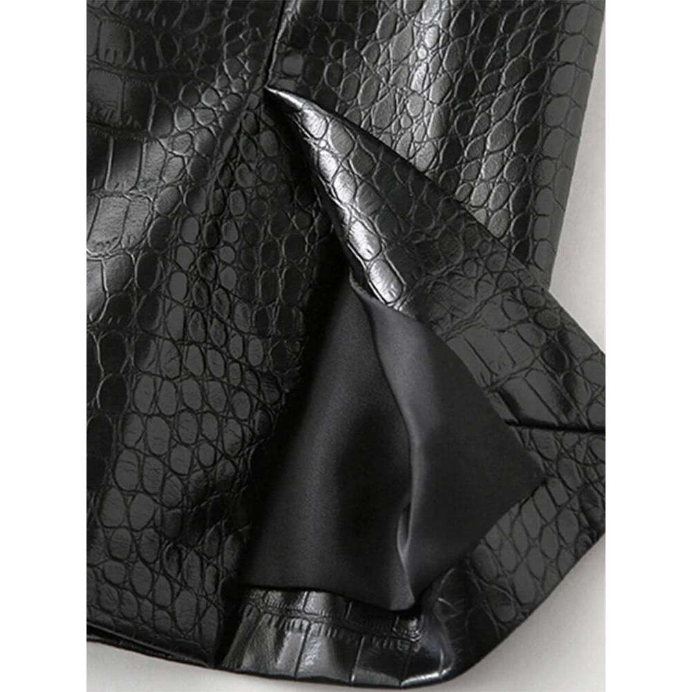 Nerazzurri Spring Black Reflective Crocodile Print Leather Blazer Jacket for Women Long Sleeve Soft Loose Casual Korean Fashion