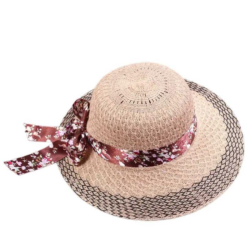Woman Elegant Floral Bowknot Ribbon Sun Hats Vintage Straw Hats Summer Travel Sun Protection Wide Brims Hats Apparel Accessories W250602