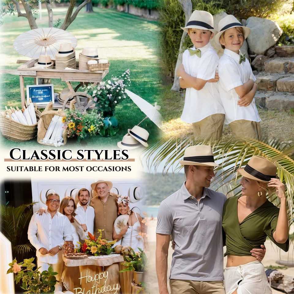 8-16PCS Short Brim Sun Panama Hat 1920s Straw Hats Bulk Beach Hats Jazz Caps for Outdoor Wedding Beige Party Circumference 60cm W250602