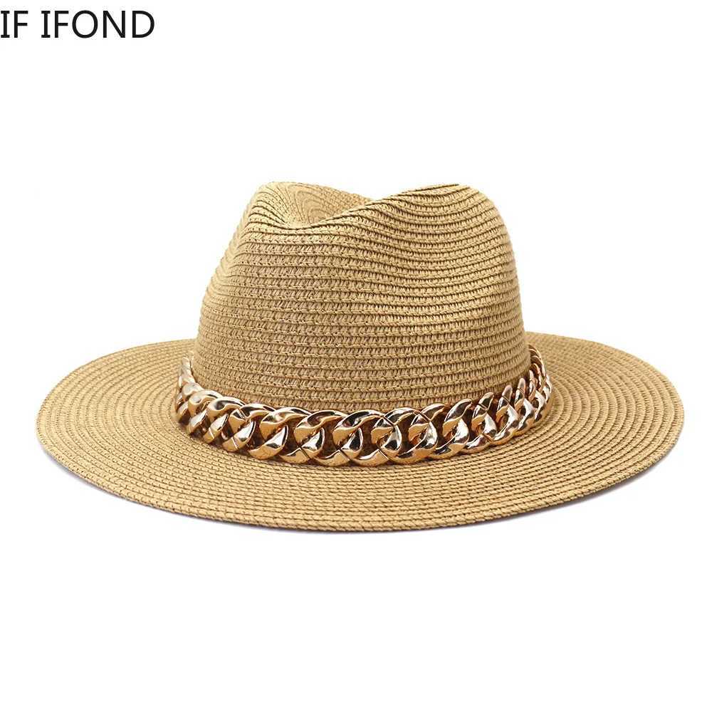 Fashion Gold Chain Belt Panama Straw Hats For Women Summer Breathable Beach Sun Hats Elegant Ladies Party Jazz Hat W250602