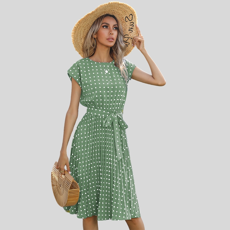 New summer hot-selling European and American medium and long dresses retro elegant short-sleeved polka dot pleated dresses