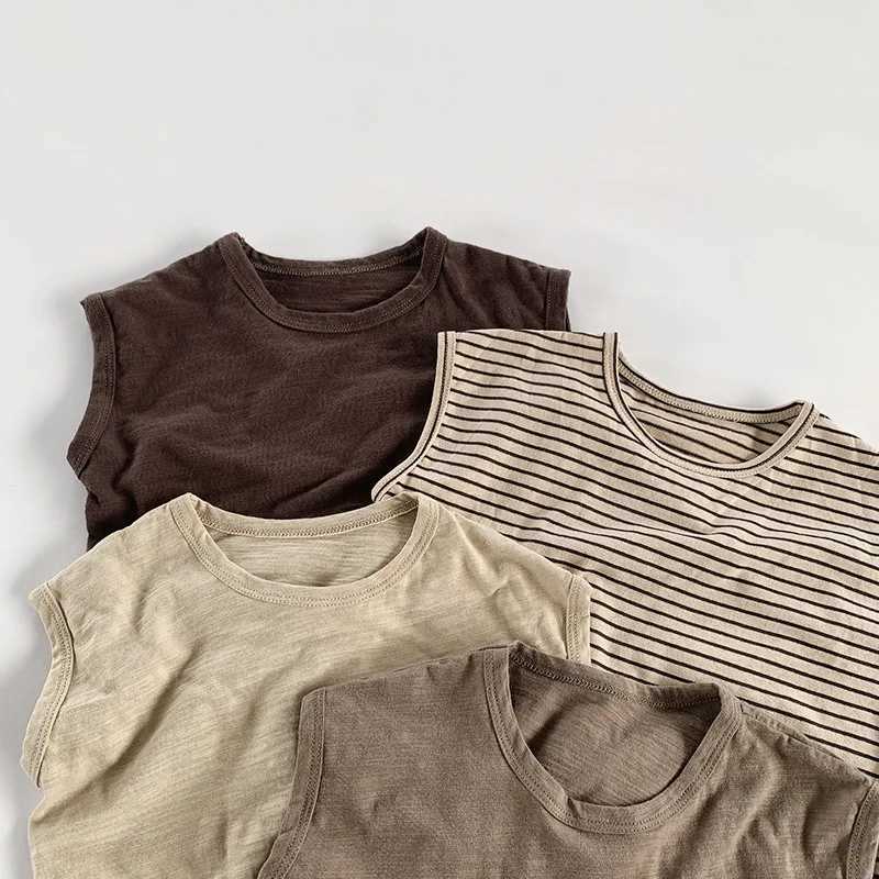 Summer Children Slub Cotton T Shirts Korean Fashion Toddler Kids Sleeveless Striped T-Shirts Baby Boys Casual Tank Tops 4 5 6 7Y T250603
