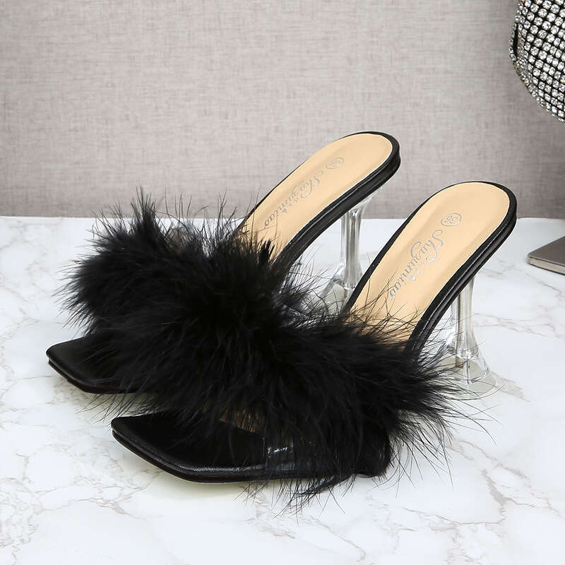 Super High Heels Wine Glass And Furry Crystal High Heels Square Toe One Strap Fairy Style Fashion Thin Heel Slippers Platform High Heels