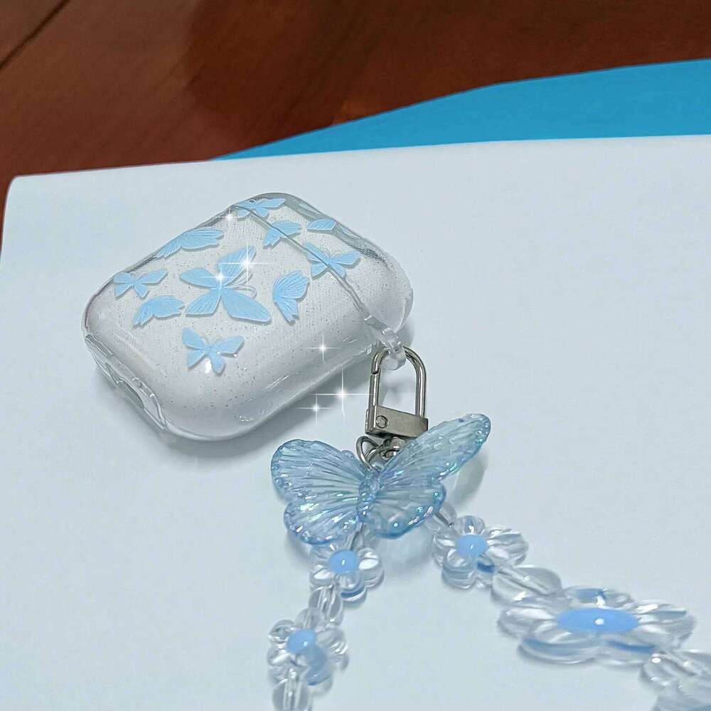 Crystal Butterfly Pendant Bead Bracelet Apple 4 /3 For Pro/ Pro2 Earphone Case With Keychain