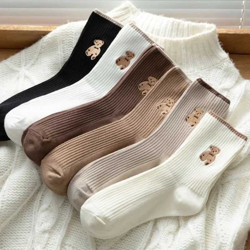 5pairs Cartoon Bear Socks Soft Cotton Socks Autumn Coffee Stockings Kawaii Women Socks Korean Casual Stockings Women Hosiery T250602