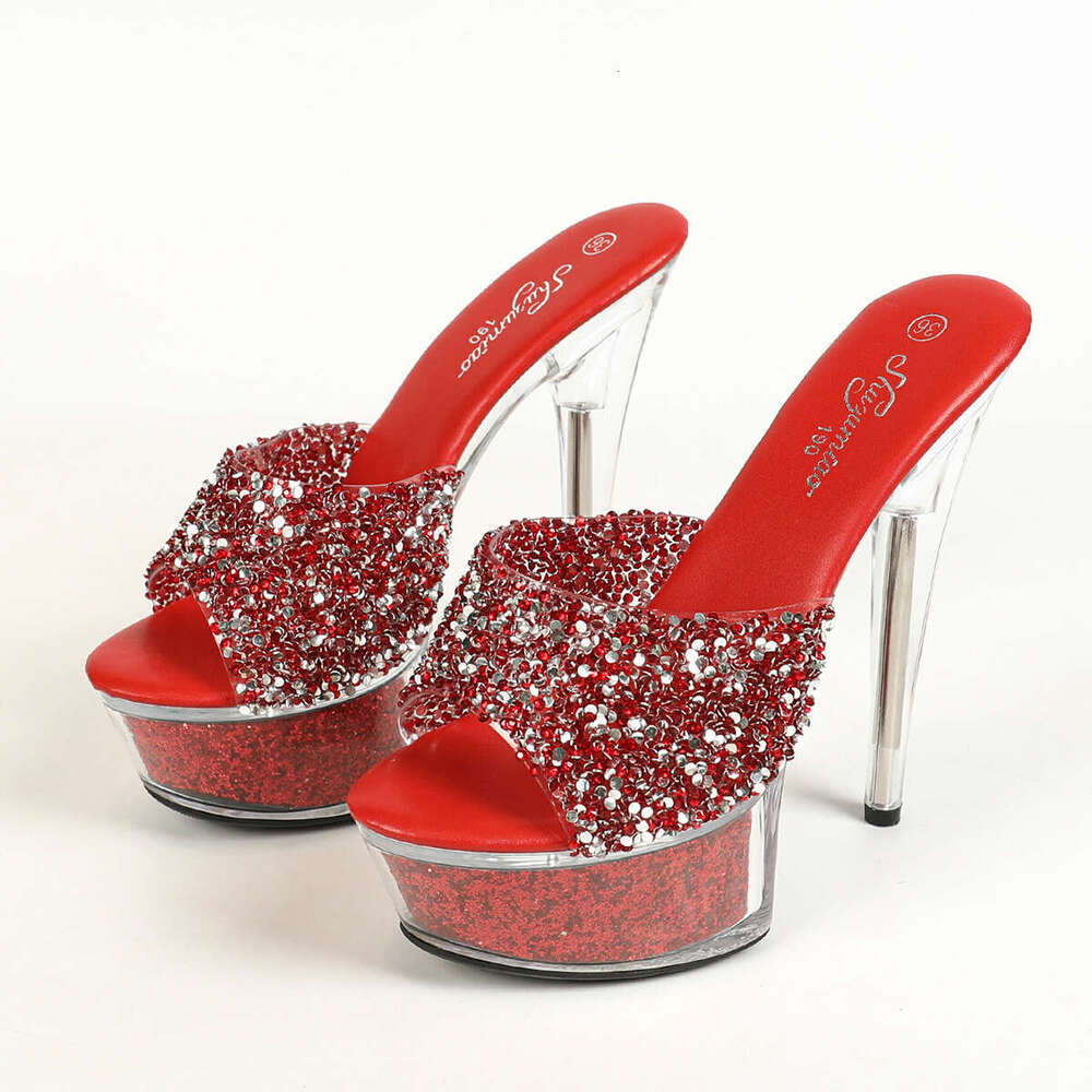 Super High Heels 1099-A54 Transparent Crystal Rhinestone Ultra High 13Cm Summer Women's Waterproof Platform Car Model Sexy Fairy Stiletto Heels P
