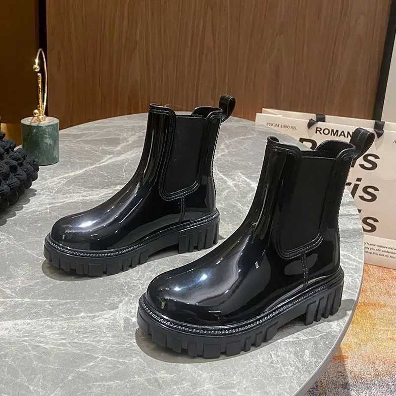 New Womens Ankle Boots Shiny Color Fashion Rain Boots Four Seasons Wearable Water Mid-tube Shoes Ladies Outdoor Waterproof XJ250602