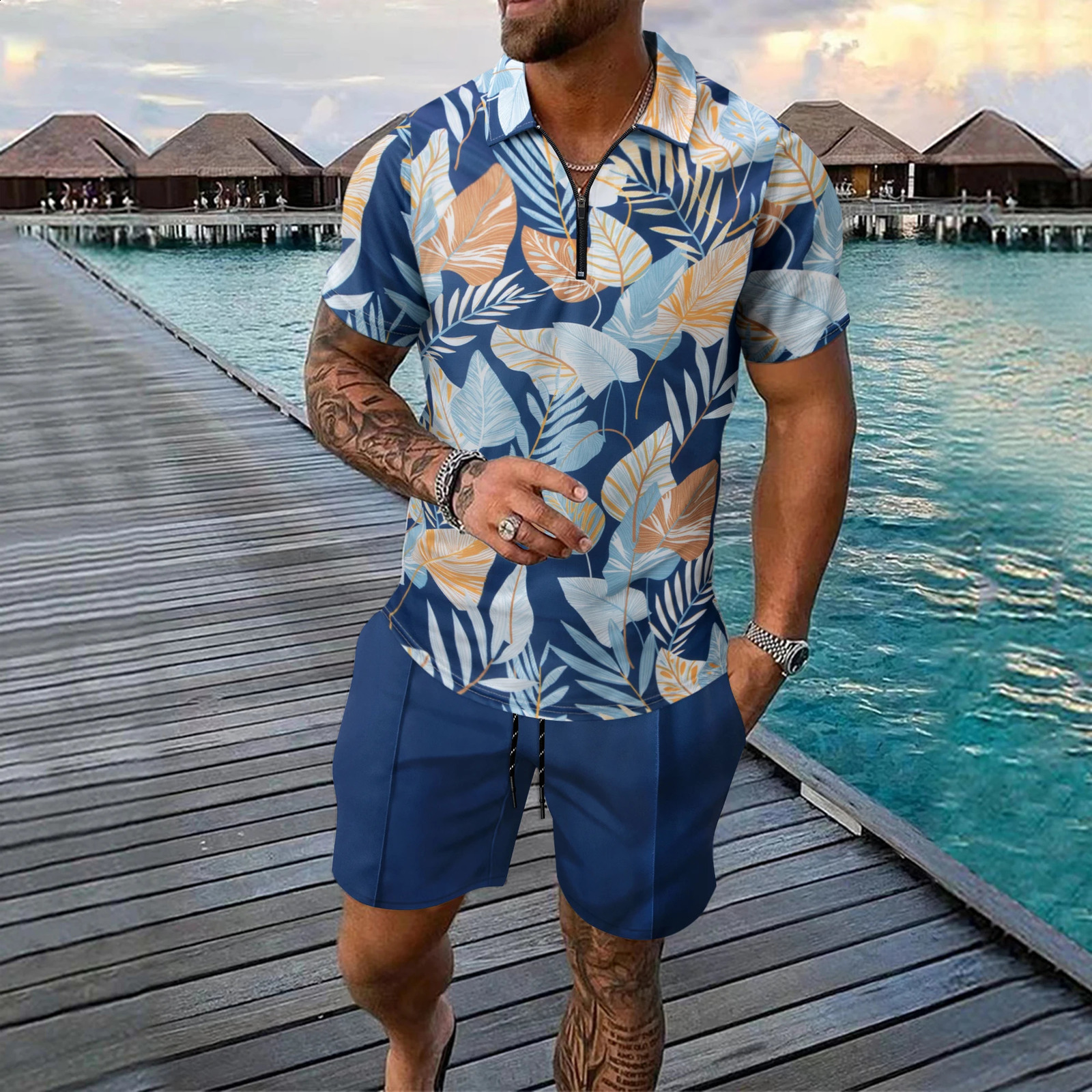 Fashion Zip Polo Shirts Mens Set Hawaiian Beach Vacation Short Sleeve Shirt Shorts 2 Piece Outfit Street Casual Loose Suit 250530