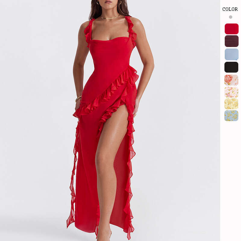 Summer New French Style Spaghetti Strap Ruffle Design Sexy Split Long Dress For Women B5