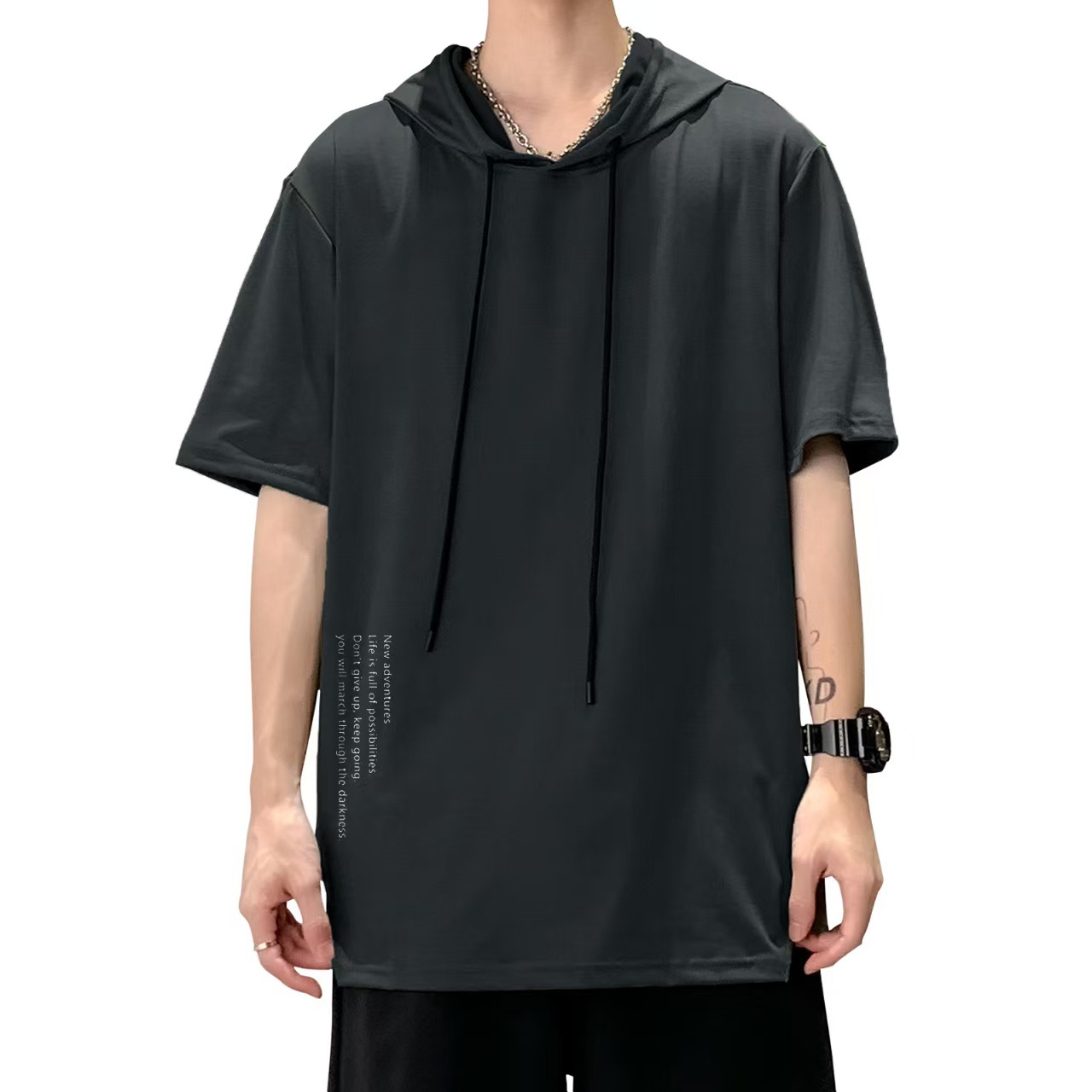 Men's Hoodies Solid Color Men's Hooded Short Sleeved T-Shirt Men's Summer Breathable Loose Hooded Sweatshirt Trendy Men's Thin Fit