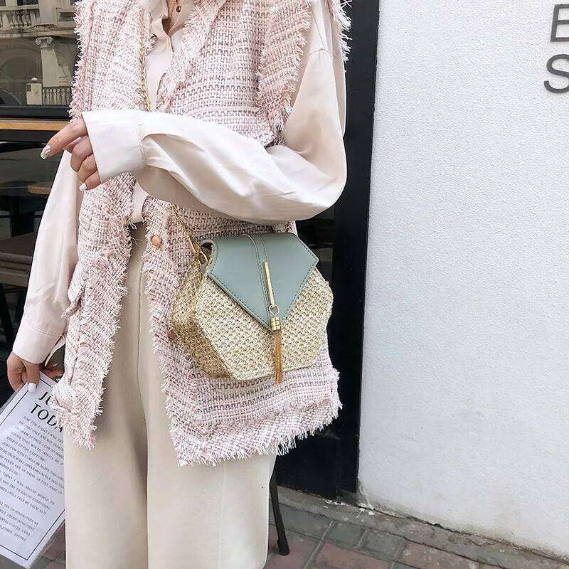 Hexagon Mulit Style Straw+Leather Handbag Women Summer Rattan Handmade Woven Beach Circle Bohemia Shoulder Bag