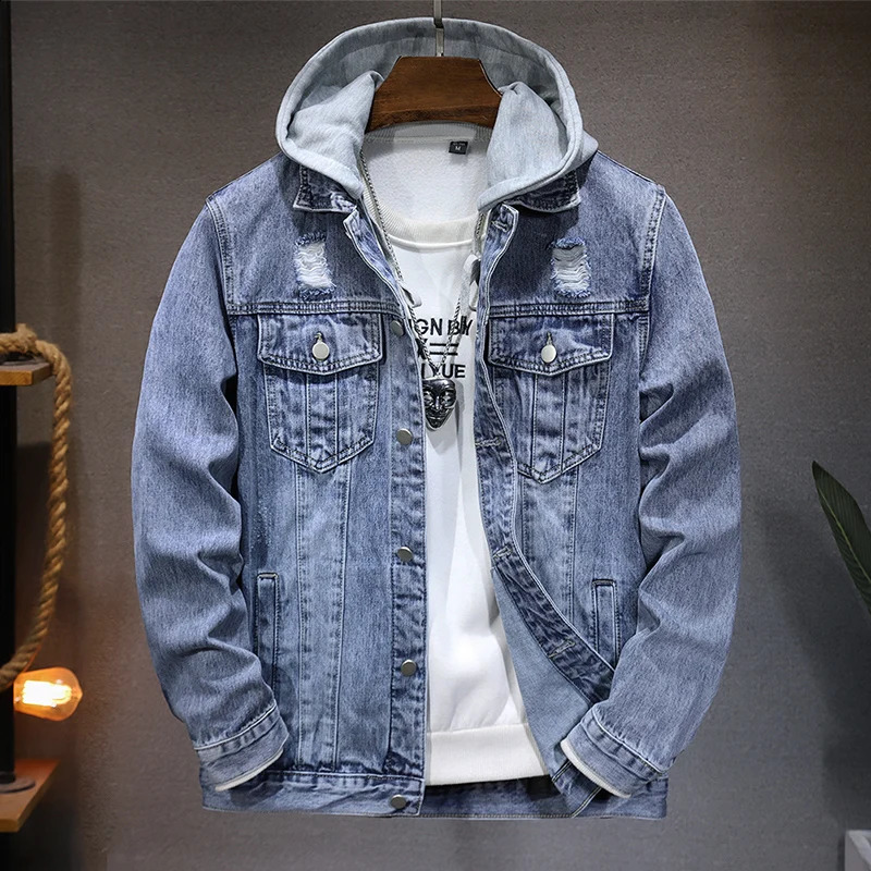 Autumn Mens Clothing Denim Jacket Fashion Hole Hooded Casual Slim Streetwear Male Coat Blue Ripped Jean Jacket 250529